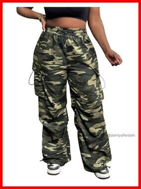 Plus Size Camo Cargo Pants Elastic Waist Wide Leg Trousers